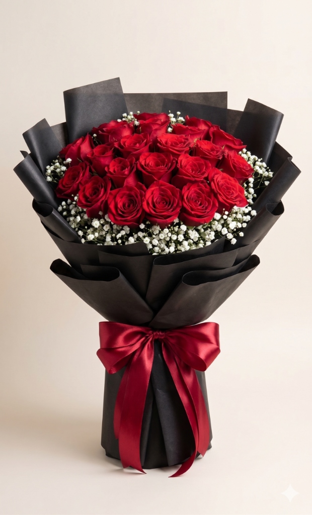 Artisanal Black Wrapped Red Rose Bouquet
